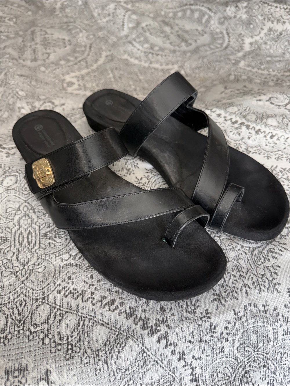 Black Leather Cross-Strap Slide Sandals with Gold Accent - Size 11